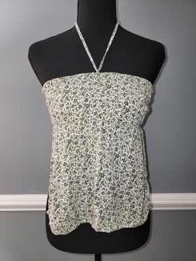 Brandy Melville White and Olive Floral Halter Smocked Camisole